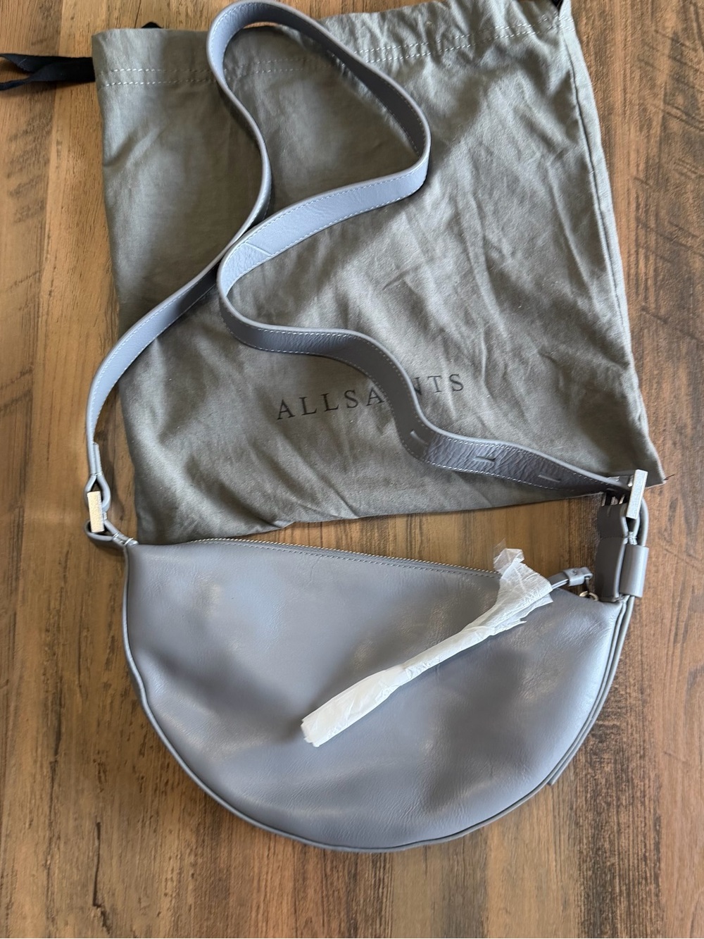 New With Dust Bag $249 AllSaints Half-Moon Crossbody Bag in Light Gray - Picture 12 of 15